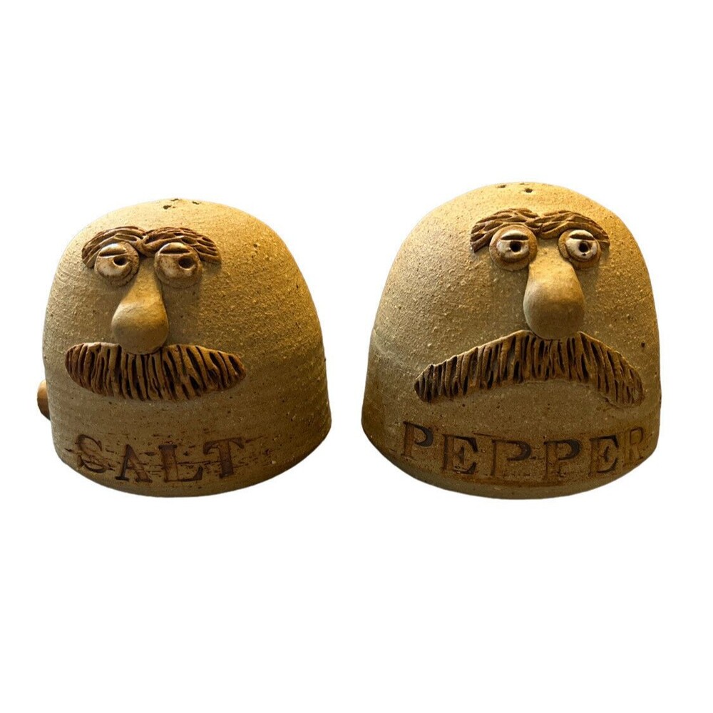Pottery Stoneware Funny Face‎ Salt Pepper Shakers Brown Matte Finish